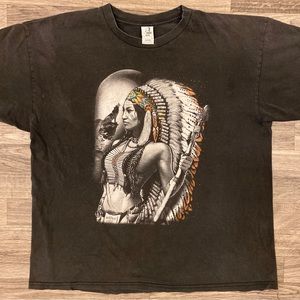 Y2K VTG Native Woman Wolf T-Shirt XL Measurement Good Condition BLK